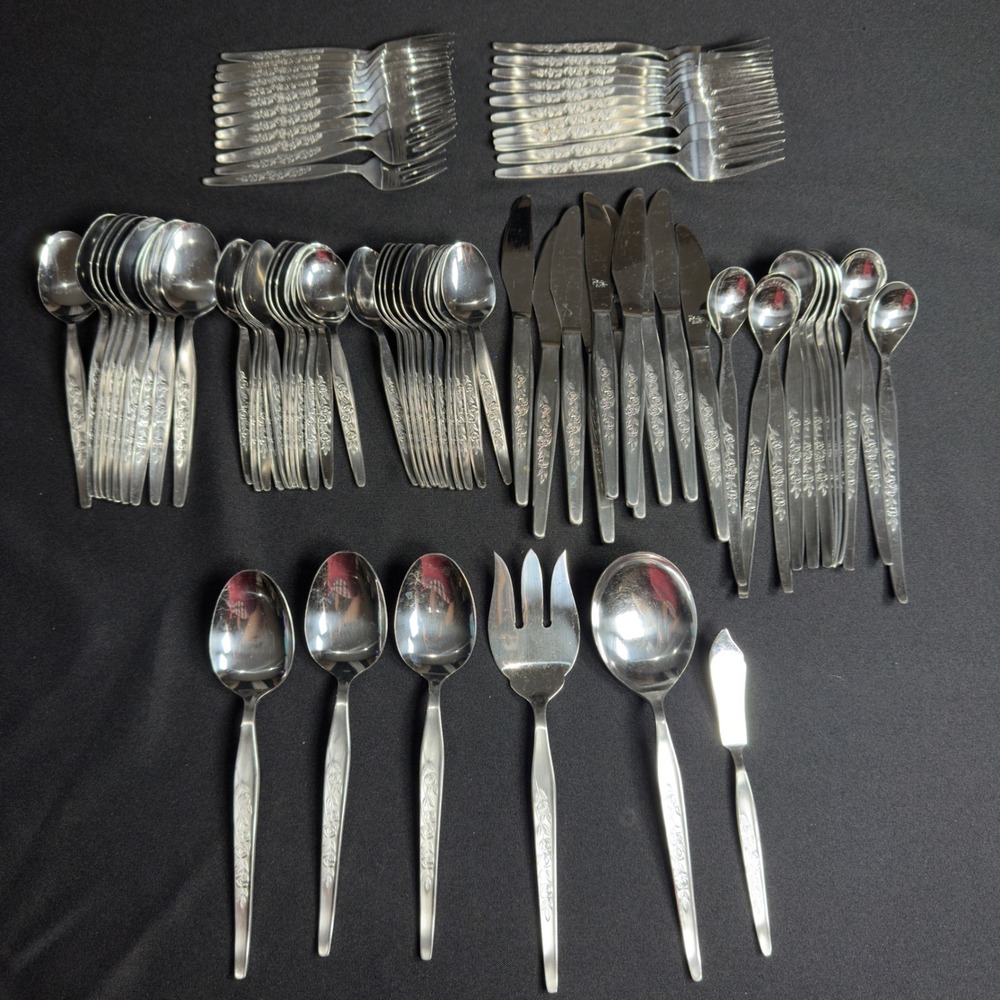VTG Eldan Stainless Flatware Japan Rose Floral Pattern 83 Piece Set Cottagecore